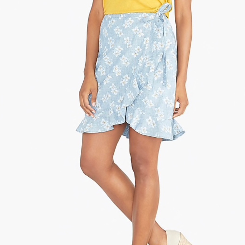 J CREW printed chambray faux wrap mini skirt